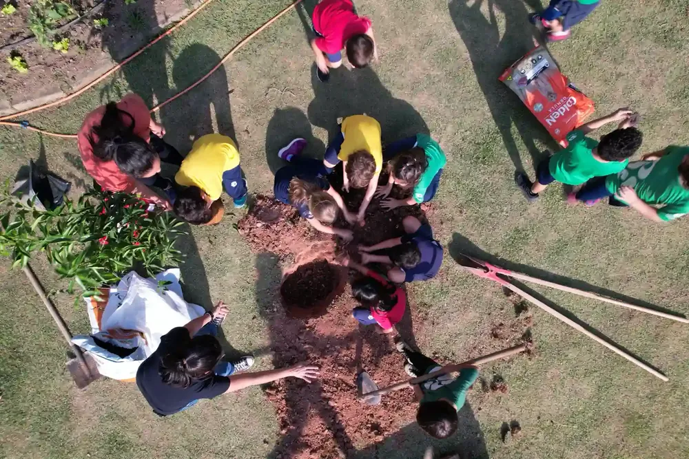 Vista aérea de crianças cuidando da horta no campus do Colégio Sidarta